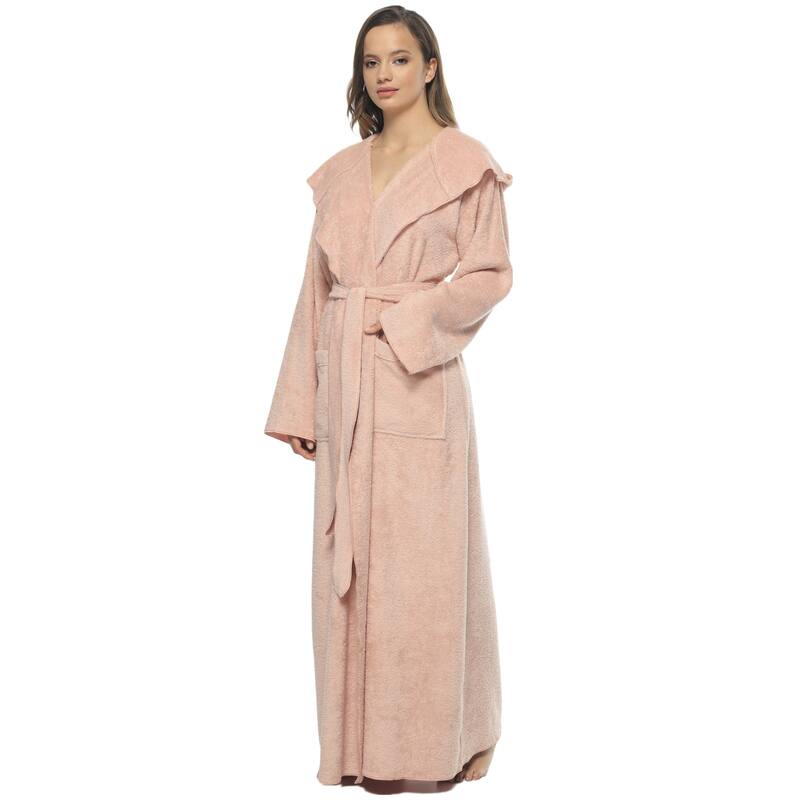 Women's Angel Stlyle Robe Ankle Long Hooded Turkish Cotton Bathrobe - X-Large - Rose