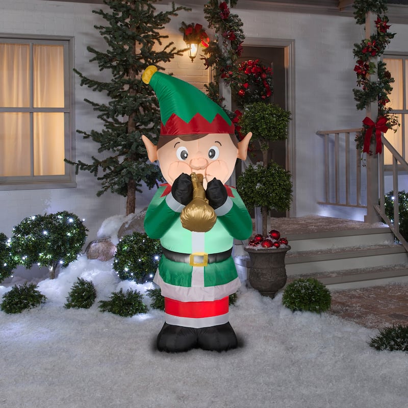 National Tree Company 6 ft. Inflatable Trumpet Playing Elf - 6 ft