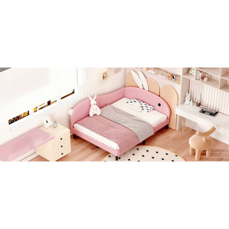 Pink Rabbit-Ear Headboard Upholstered Daybed, Full Size Sofa Bed