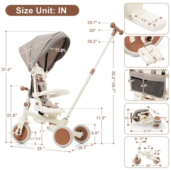 dimension image slide 4 of 5, 7 in 1 Baby Tricycle, Foldable Toddler Tricycle with Removable and Adjustable Parent Handle, Toddler Push Bike