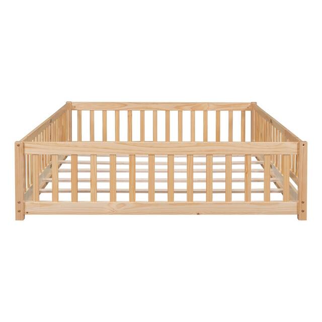 Twin/Full/Queen size Floor Platform Bed with Fence and Door for Kids, Toddlers
