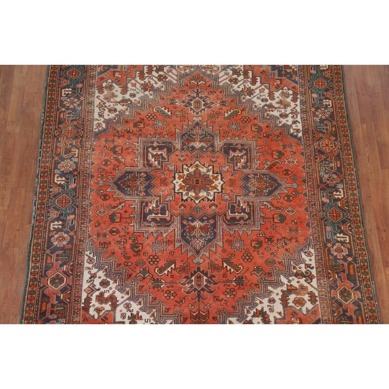Hand Knotted Oriental 100% Wool Carpet Traditional Medallion Oranges & Rust Heriz Area Rug - 8' 9'' X 6' 7''