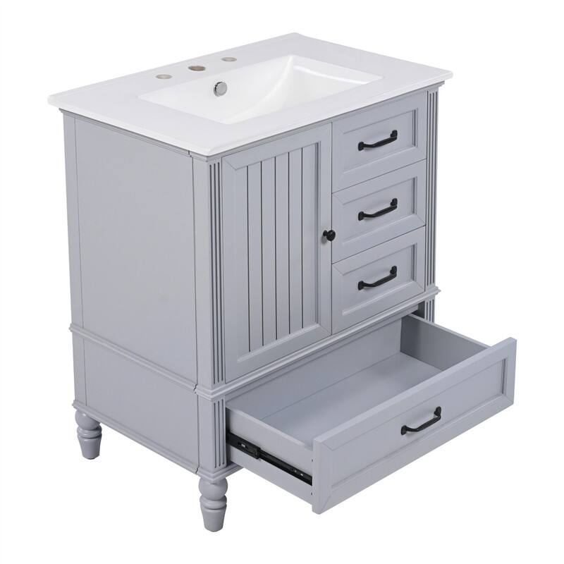 30" Bathroom Vanity with Ceramic Sink Combo, Freestanding Bathroom Vanity Cabinet with 1 Door and 3 Storage Drawers