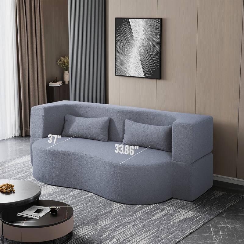 2-in-1 Convertible Sofa Bed, Folding Loveseat Couch with Soft Teddy Fabric, Floor Sleeper Sofa Mattress with 2 Pillows