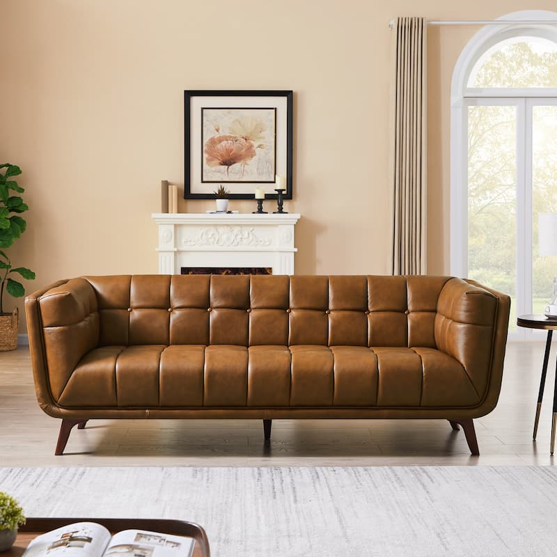 Kameron Mid Century Modern Tufted Genuine Leather Sofa in Cognac Tan