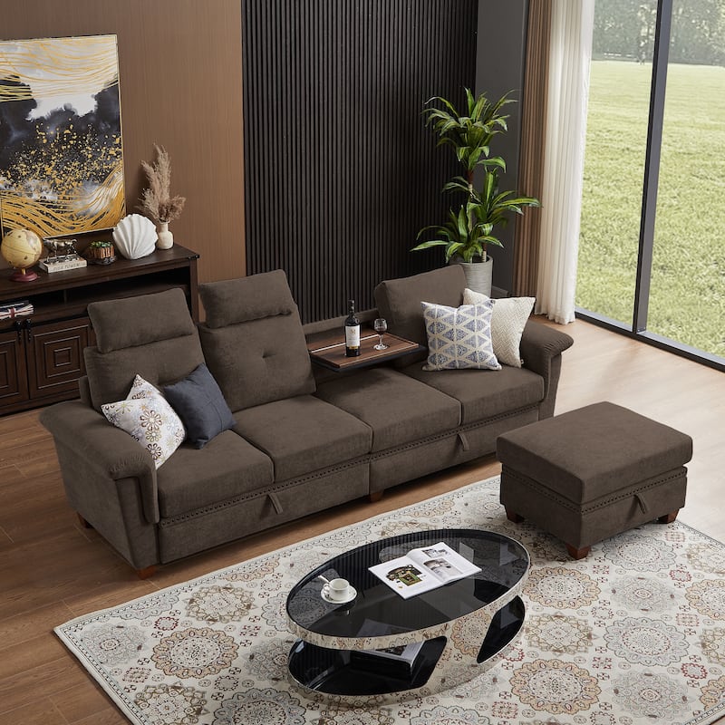 109" Modern 4 Seaters Towelling Sectional Sofa with Hidden Coffee Table and Large Storage Space - Espresso