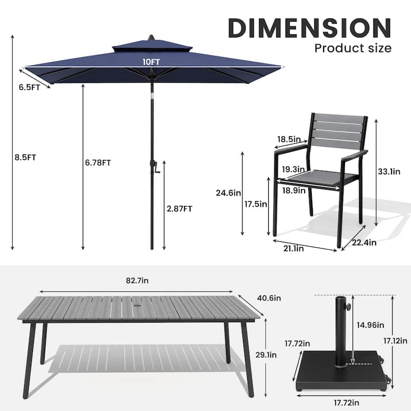 11-Piece Outdoor Dining Set 8 Stackable Chairs and Aluminum Table w/ 10 ft Umbrella and Base Stand