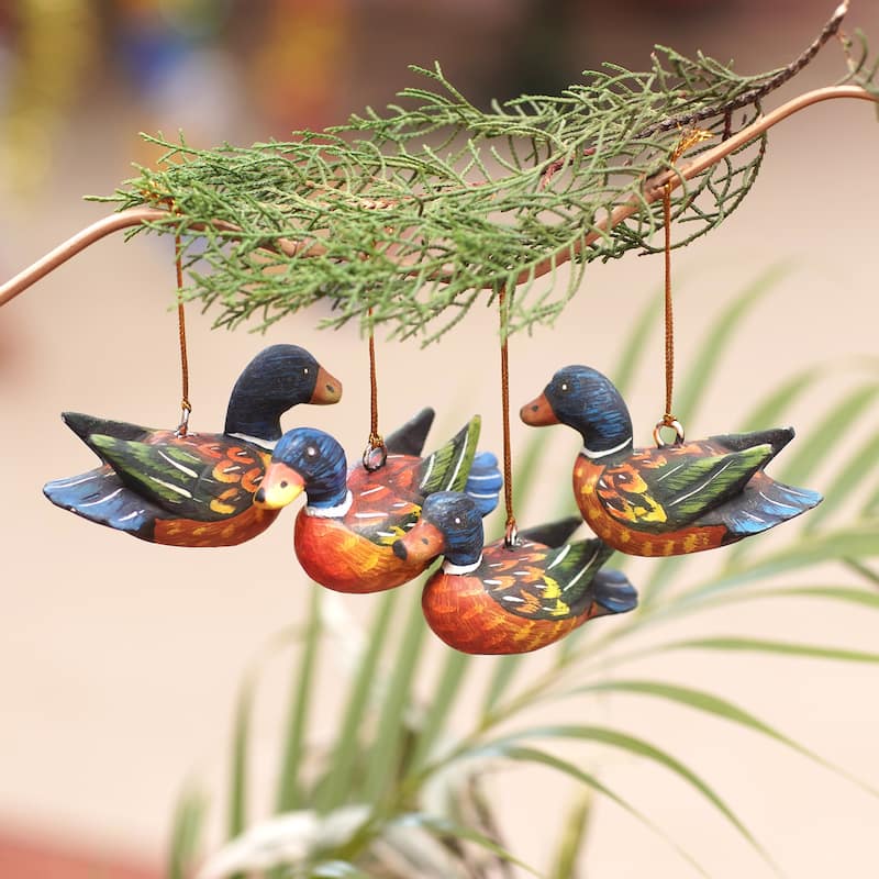 Novica Handmade Dazzling Plumage Wood Ornaments (Set Of 4)