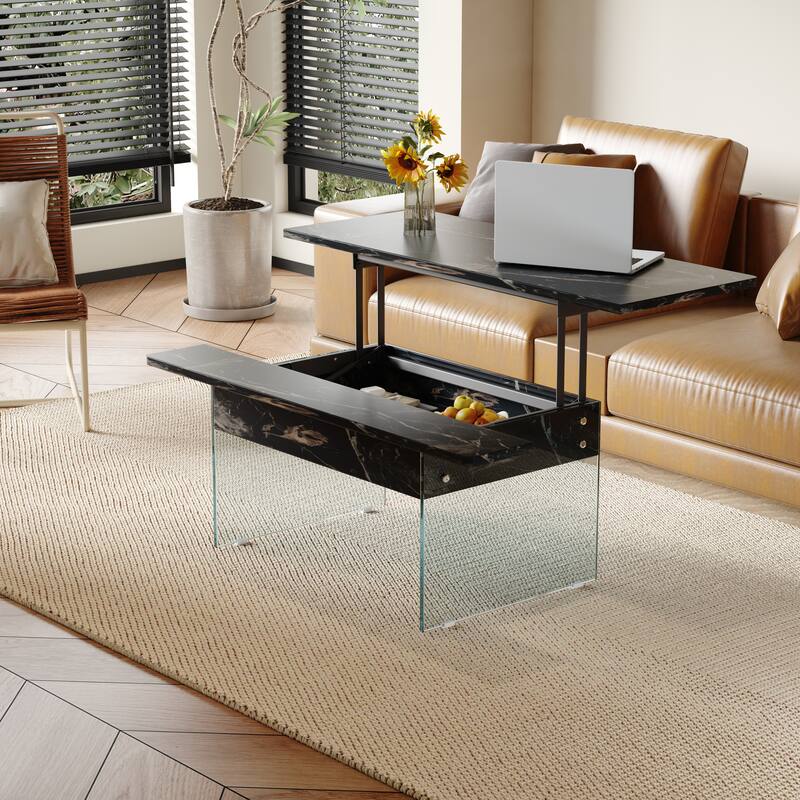 Roomfitters Lift Top Coffee Table with Glass Legs and Storage, Light Wood Grain Finish, Modern Living Room Style