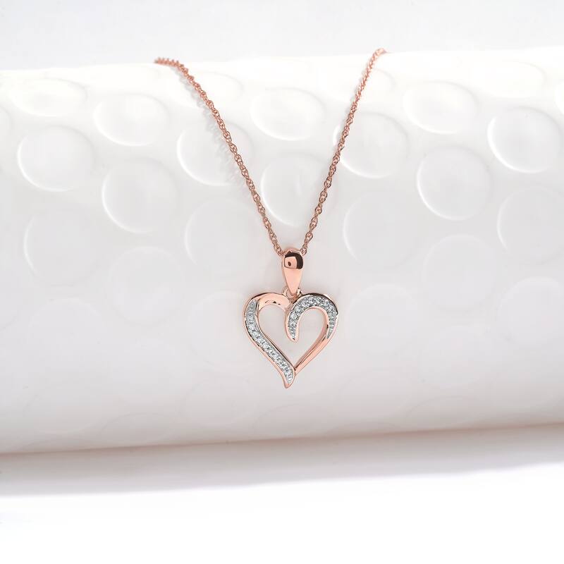 10K Rose Gold 1/20ct TDW Diamond Open Heart Pendant Necklace for Women - Pink