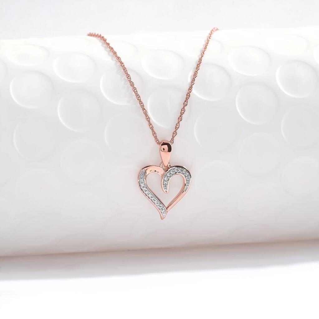 10K Rose Gold 1/20ct TDW Diamond Open Heart Pendant Necklace for Women - Pink