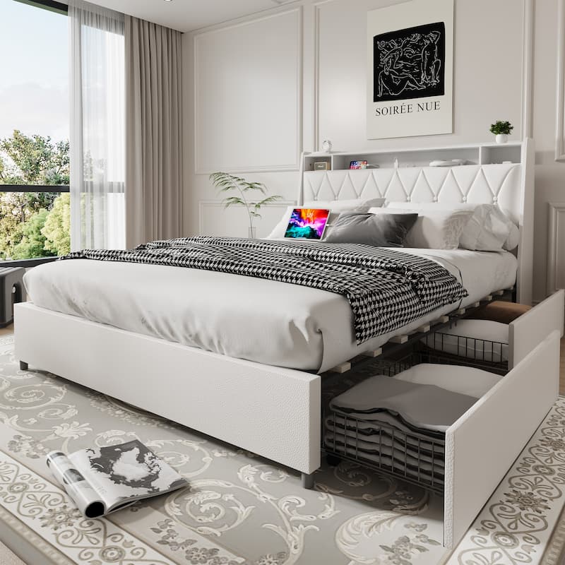 Wooden Platform Bed Frame with 4 Drawers/Ergonomic Upholstered Headboard with Charging Ports & Storage Shelf/Metal Frame Support