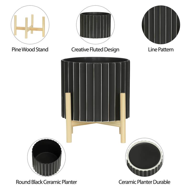 Ceramic Fluted Planter with Wood Stand - Black