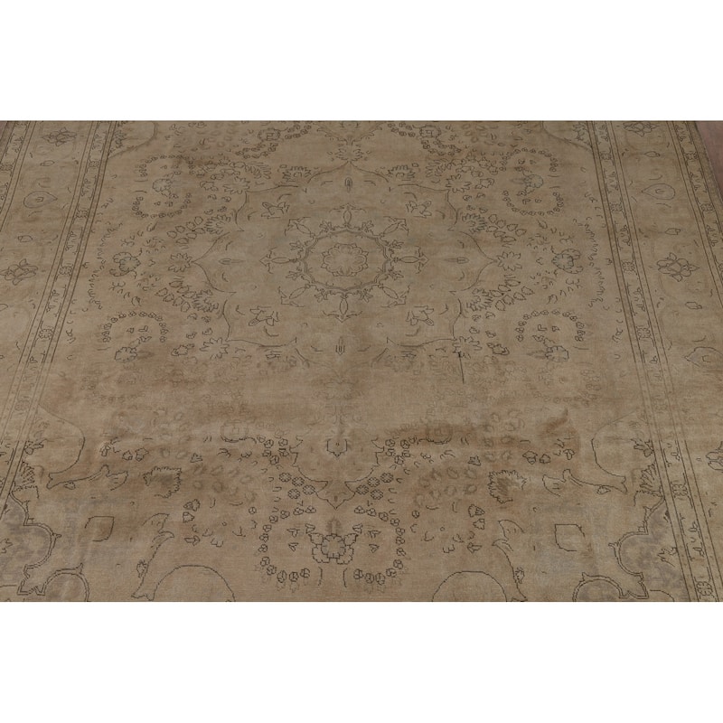Tabriz Persian Vintage Rug Hand-Knotted Bedroom Beige Wool Carpet - 9'11" x 13'1"