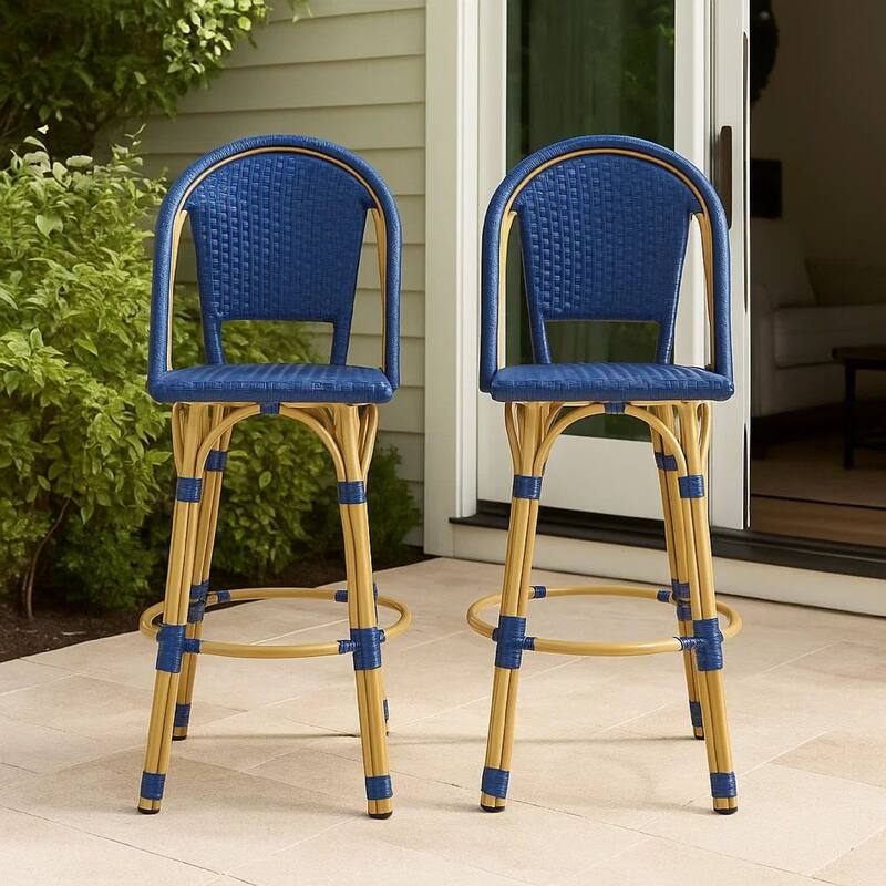 Gomy Outdoor Barstool Char Set of 2, Blue Wicker Woven, Brown Aluminum