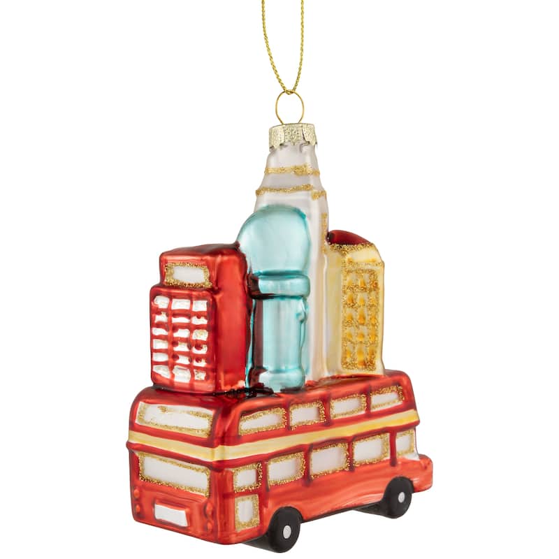 Merry Christmas Double Decker Tour Bus Glass Ornament - 4.5" - Gold and Red