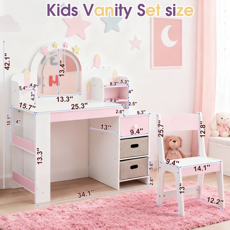 Kids MDF Vanity Table Set In White And Pink With 1 Drawer And Storage Rack - N/A