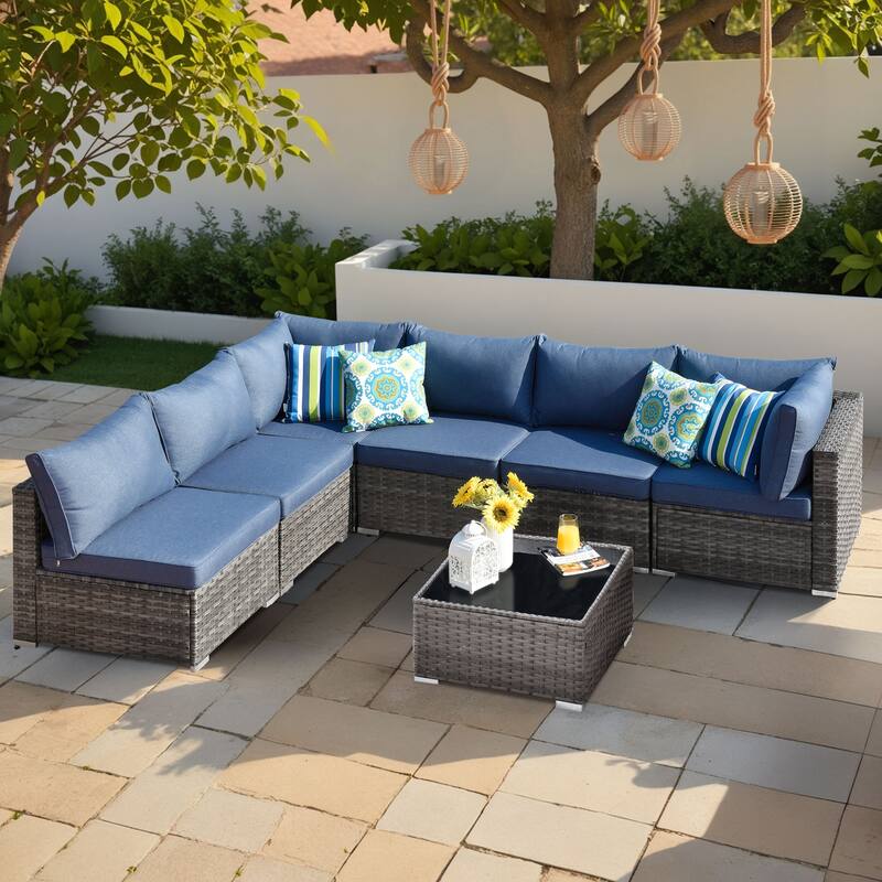 XIZZI 7-piece Outdoor Wicker Furniture Sectional Sofa Set with Table - Denim Blue