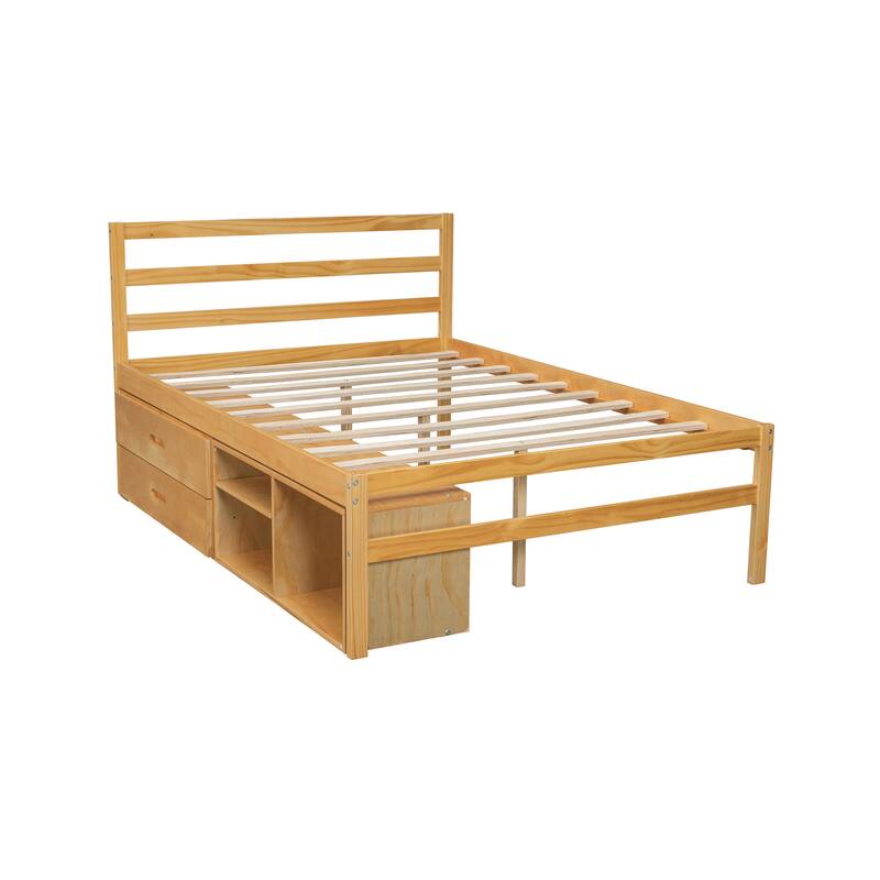 Full Size Wood Platform Bed with Removable Storage Shelves and Built-in Two Storage Drawers