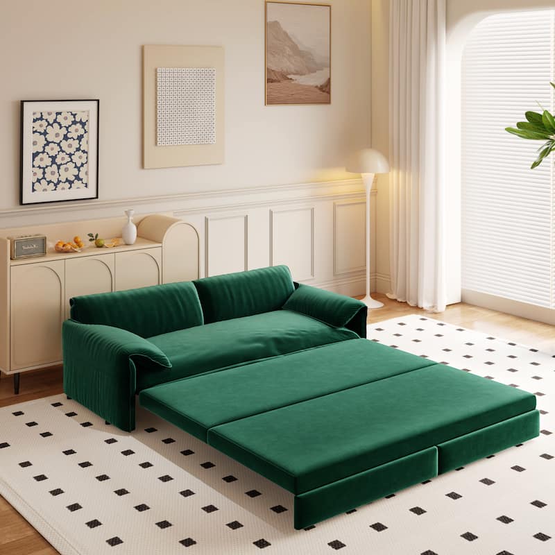 66" Queen Velvet Pull Out Sofa Bed w/ Side Storage Multi-Functional Loveseat Bed for Living Room Office - Green