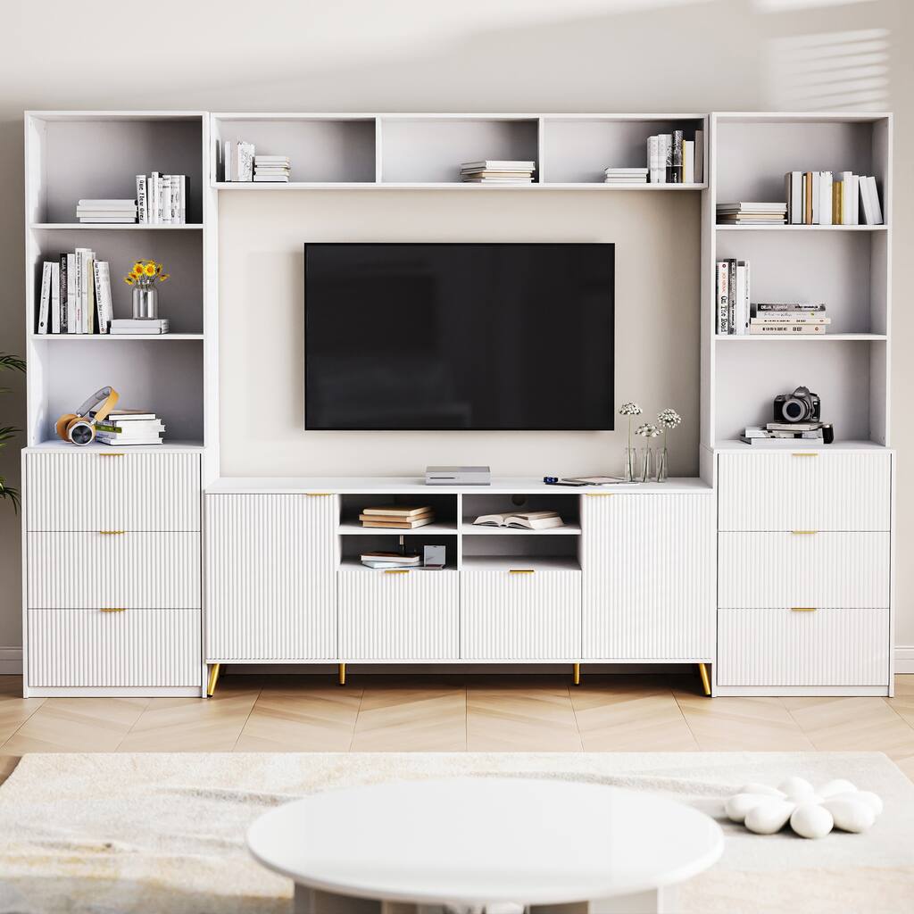 112.5" Entertainment Wall Unit with 13 Shelves, 8 Drawers and 2 Cabinets for TVs Up to 70"