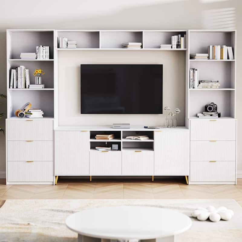 Large Entertainment Wall Unit w/ Large Storage Wall Mounted TV Stand w/ Open Bookshelf Media Cabinet for TVs Up to 70" - White