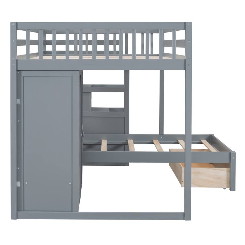 Full Over Twin Bunk Bed with Wardrobe and Drawers in Gray