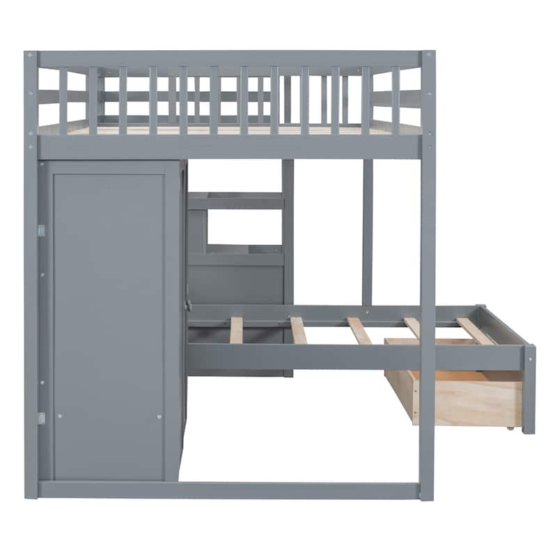 Full over Twin Size Solid Wood Bunk Bed with Wardrobe, Drawers for Kids, Bedroom