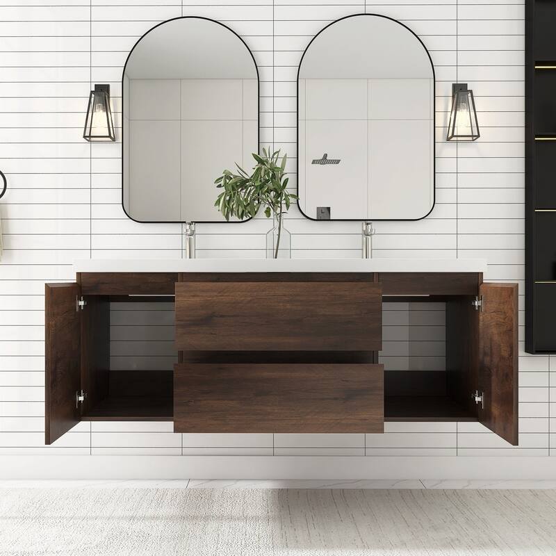 MDF Wall-Mounted Bathroom Vanity Set in Rose Wood with Integrated Culture Marble Sink