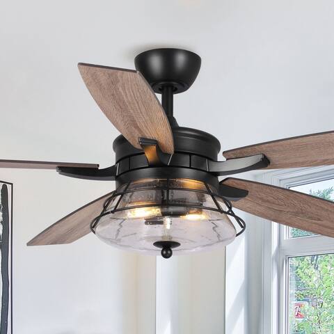 52" Industrial Wooden 5-blade LED Ceiling Fan with Remote and Glass Shade