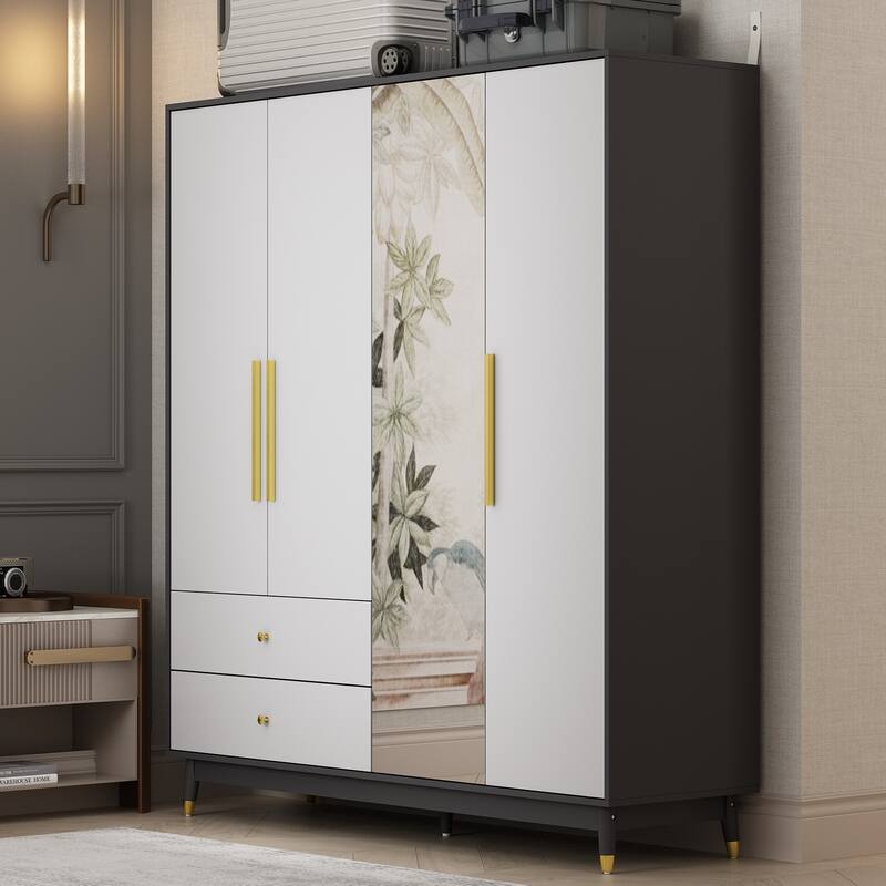 Wooden 2 Drawers 4 Doors Wardrobe Armoire With Mirror (Gray/Black)