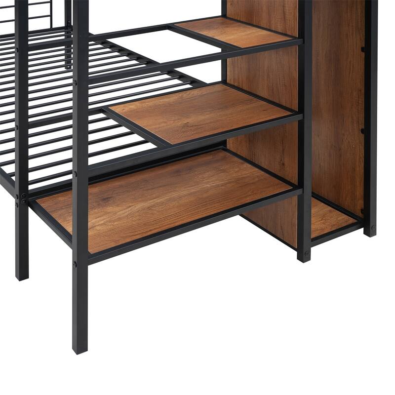 Twin Over Twin Metal Bunk Bed with Lateral Storage Ladder and Wardrobe