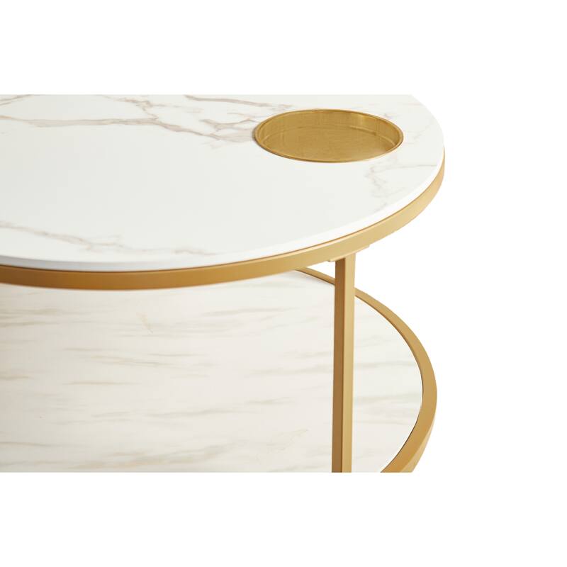 Round Coffee Table with Storage Tray and Lower Shelf Two Tier Modern Design
