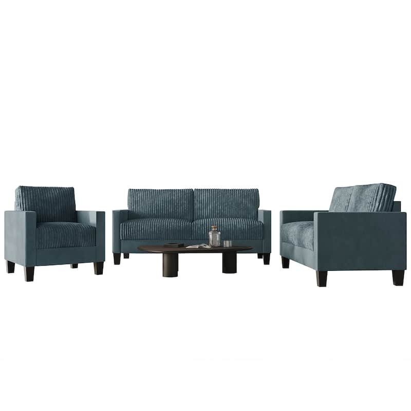 CraftPorch Corduroy Mid-Century Modern Velvet Upholstered 3-Piece Living Room Set - Light Blue