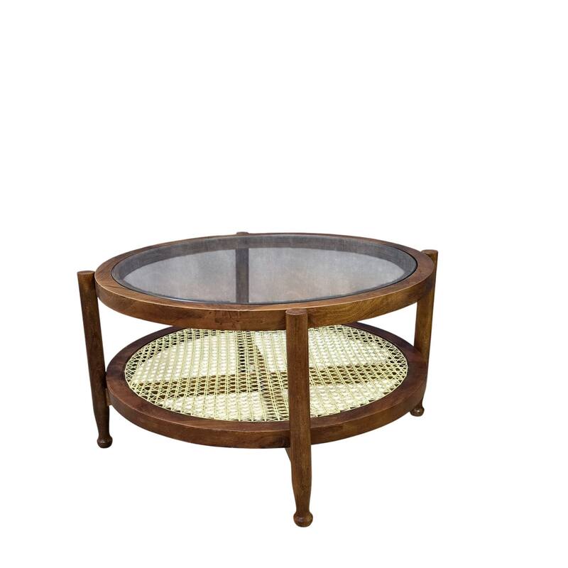 30" Hyacinth Round Coffee Table with Shelf - Elegant Glass Top and Wooden Frame Storage Table