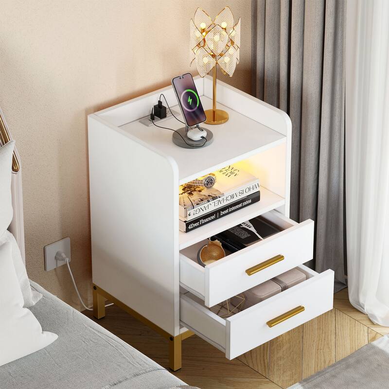 2-Drawer Nightstand Beside End Table with USB Port and LED Lights