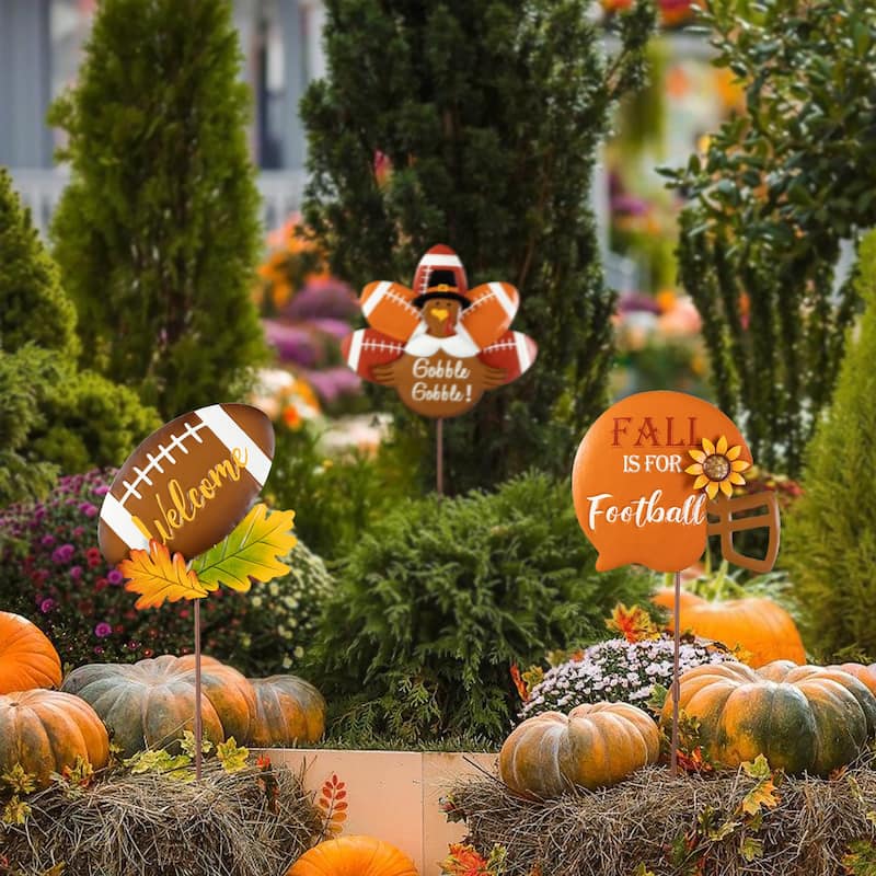 Glitzhome Fall Thanksgiving Metal Pumpkin Scarecrow Football Turkey Yard Stakes - 24"H Football Turkey