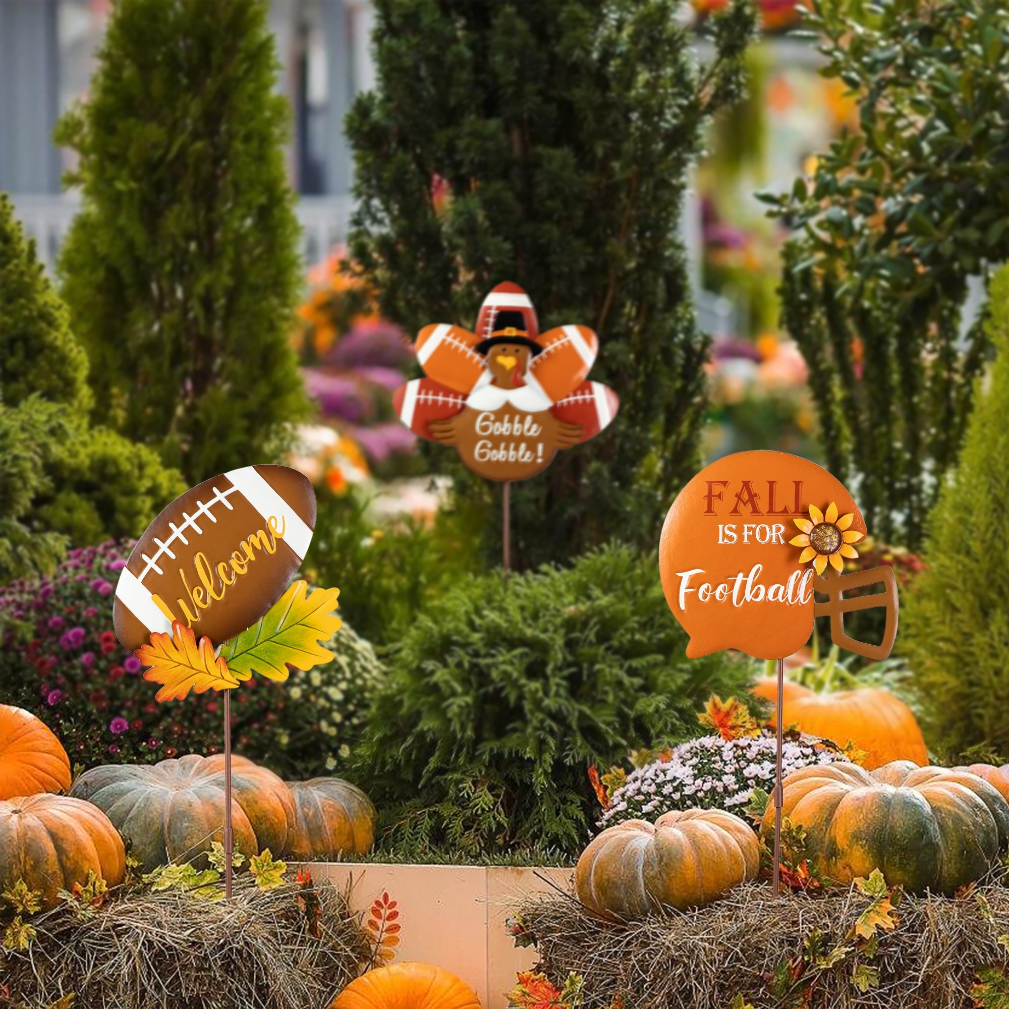Glitzhome Fall Thanksgiving Metal Pumpkin Scarecrow Football Turkey Yard Stakes