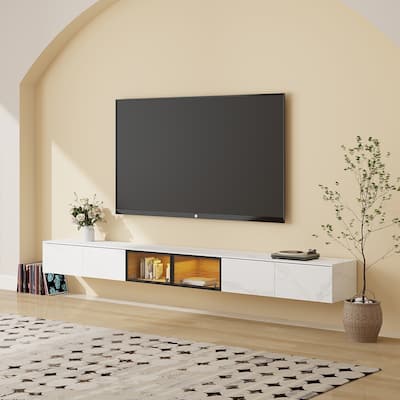 Floating Wall Hung TV Stand, Modern Hanging TV cabinet with Motion Sensor LED, 4 Flip-down Doors, White Stone