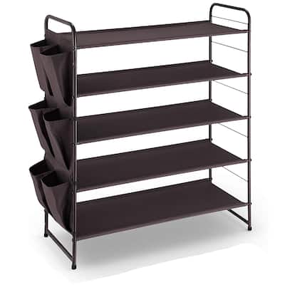5-Tier Stackable Shoe Rack Fabric Shoe Storage with Side 6 Shoes Pockets, Bronze