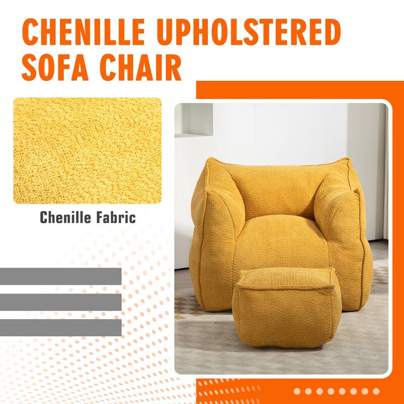 Boucle Upholstered Deep Seat Armless Square Bean Bag Chair with Ottoman