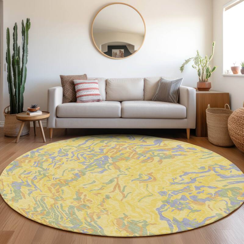 Machine Washable Indoor/ Outdoor Abstract Flow Chantille Rug - Yellow - 8' x 8'
