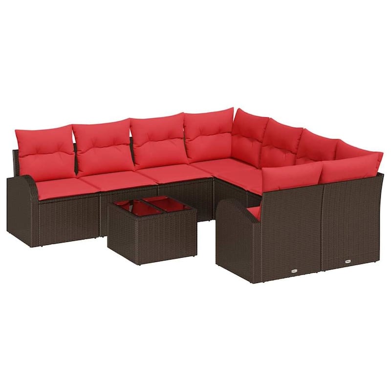 vidaXL 9 Garden Sofa Set with Cushions Black/Brown/Grey Poly Rattan - 92.1 x 92.1 x 27.2