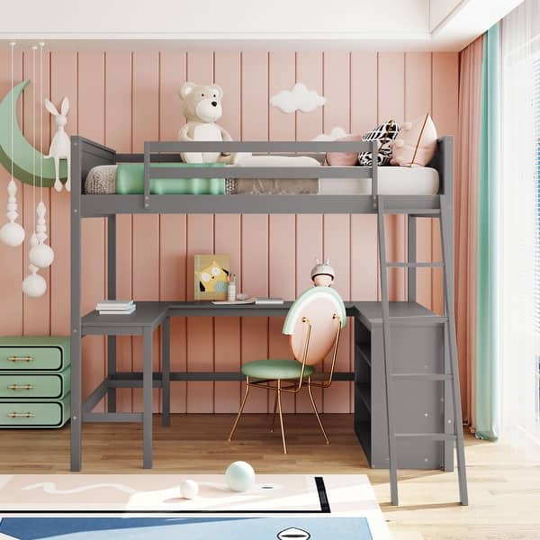 slide 2 of 20, Full size Loft Bed with Shelves and L-shape Desk, Grey Grey