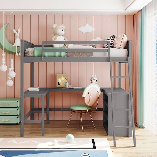 slide 2 of 20, Multifunctional Full Size Wooden Loft Bed with Shelves & Desk Light Grey