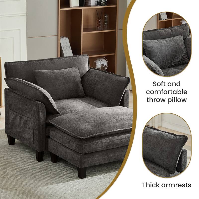Oversized Single Sofa Chair with Ottoman, Double-Layer Seat Cushion, Chenille Fabric Lounge Chair, Living Room Reading Chair