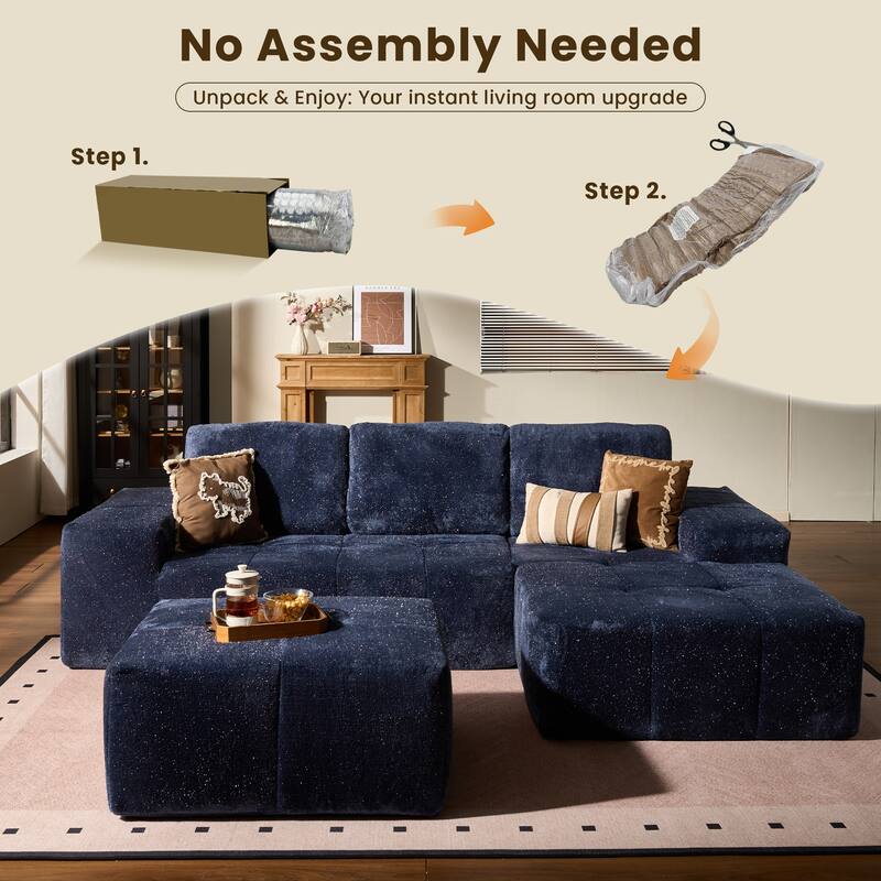 HOOOWOOO Modern Sparkly Velvet Fabric Chaise Sofa Couch with Ottoman