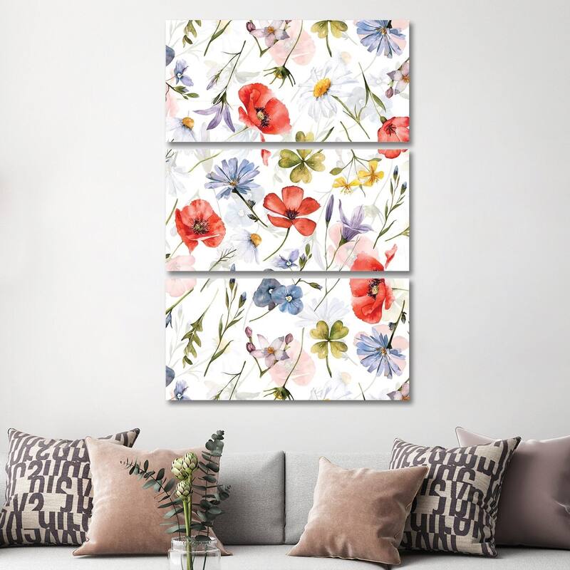 iCanvas "Poppies And Cornflowers Scandinavian Midsummer Meadow" by UtArt 3-Piece Canvas Wall Art Set - 60x40x1.5