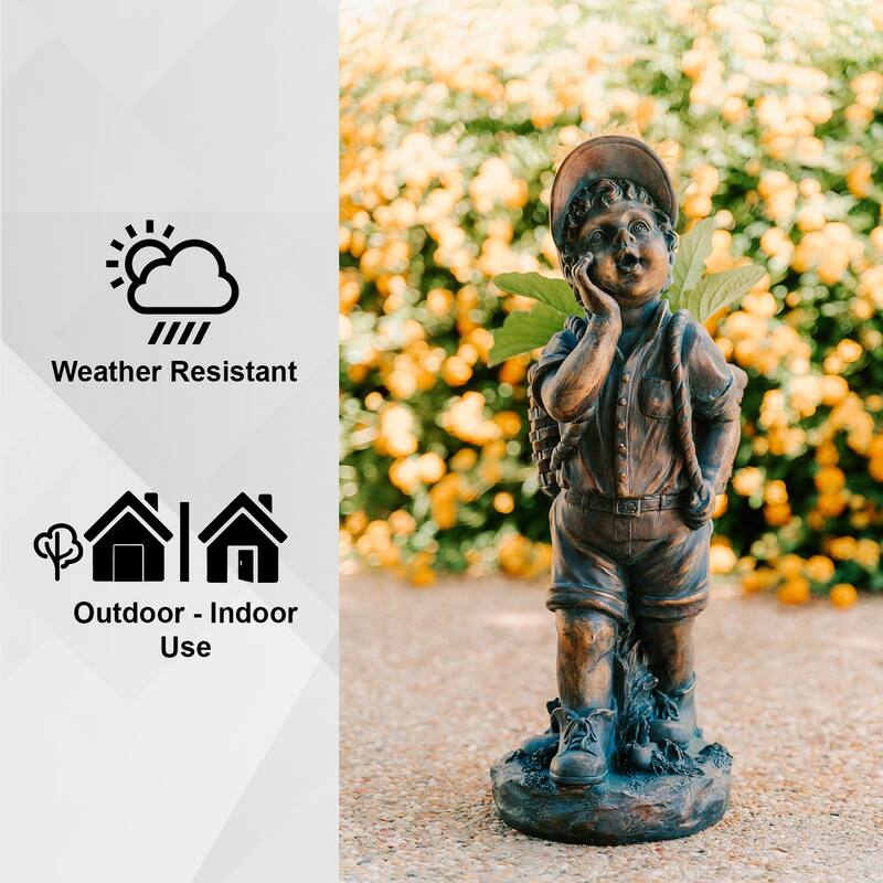 XBrand 24" H Faux Bronze Magnesium Oxide Walking Boy Garden Statue w/Small Flower Plant Pot, Natural Design Sculpture