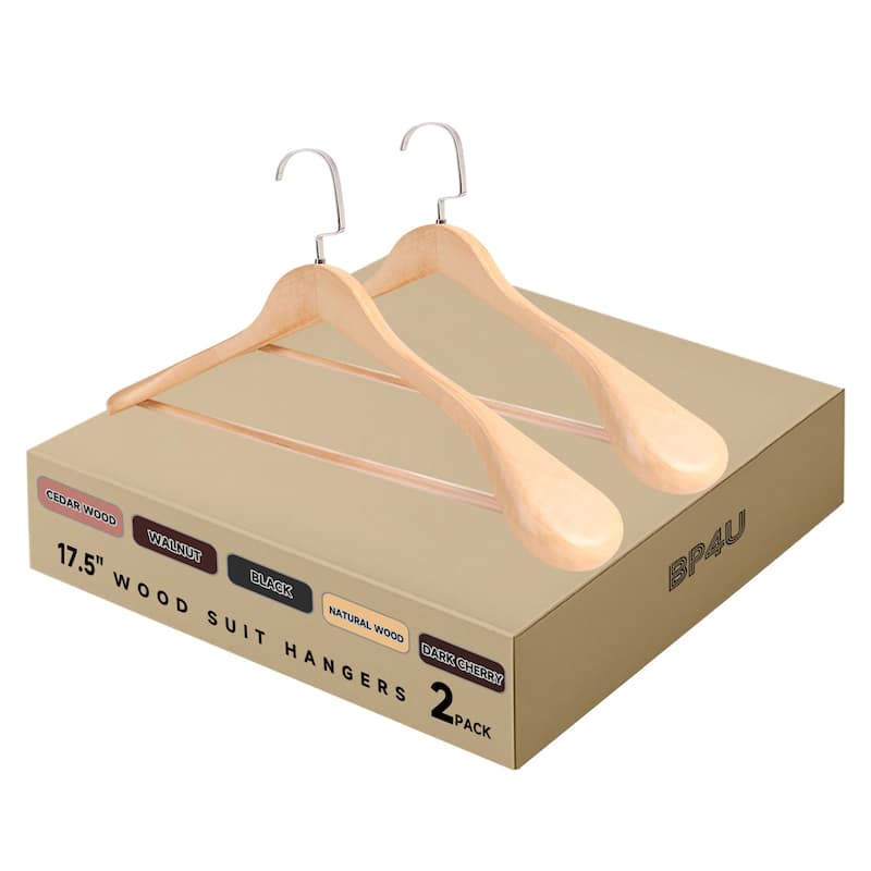 BP4U Premium Wide Shoulder Wooden Suit Hangers, 17.5-Inch Heavy-Duty Solid Wood Coat Hangers for Men's Clothes - 2-Pack - Natural Wood